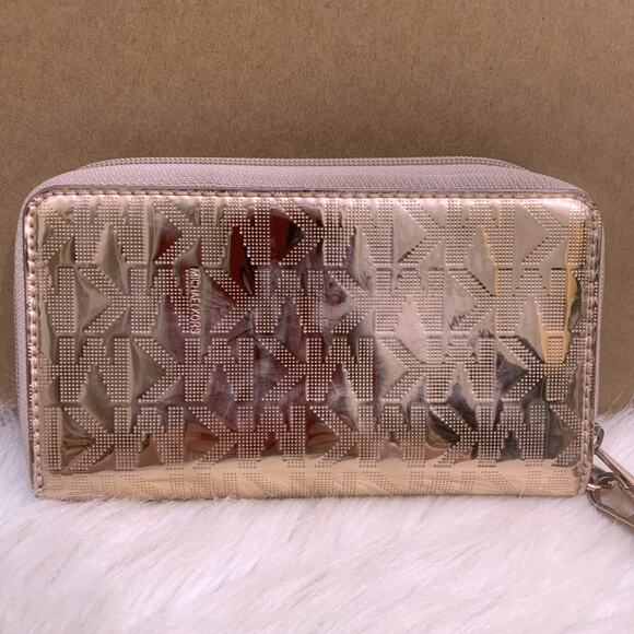MICHAEL KORS Rose Gold Mirror Metallic Medium Size 7" Zip Around Wristlet Wallet - Picture 3 of 16